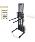 Apollo 3300 Lb Capacity Full Electric Stacker With 98 Inch Lifting Height powered straddle forklift with adjustable forks and legs.
