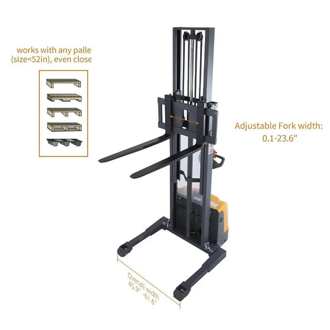 Apollo 3300 Lb Capacity Full Electric Stacker With 98 Inch Lifting Height powered straddle forklift with adjustable forks and legs.