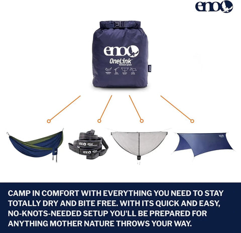 All-In-One OneLink Hammock Shelter System kit with DoubleNest hammock, Atlas straps, ProFly tarp, bug net, and stakes displayed.
