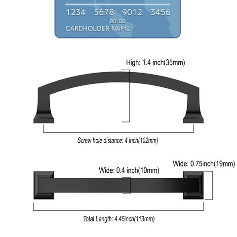 Diagram of matte black cabinet pulls 4 inch with two size options, showing dimensions and design details for easy installation.