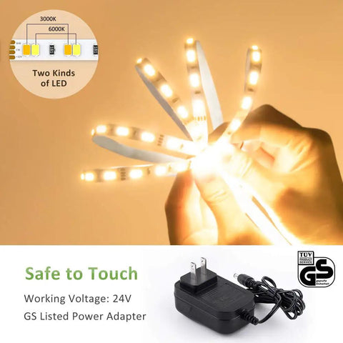 Person holding 20ft Tunable White LED Strip Light Kit With Dimmable 3000K to 6500K Range, 24V Tape Light, Remote RF Control