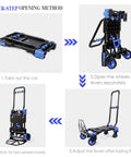 Oyoest folding hand truck with retractable handle and four blue wheels on a black frame; shown folded and in use.