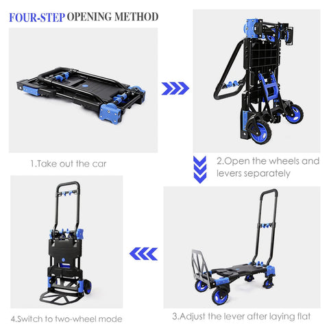 Oyoest folding hand truck with retractable handle and four blue wheels on a black frame; shown folded and in use.