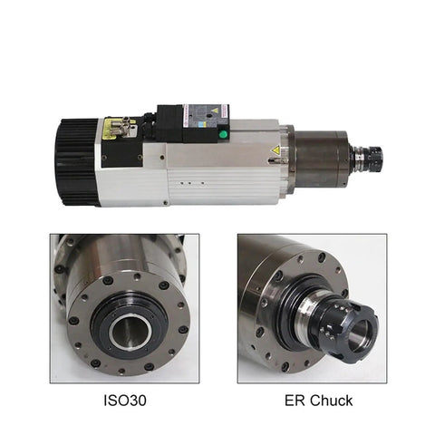 Heavy Duty Air Cooled Spindle Motor 9.0KW 24000RPM 380V ISO30 CNC Router Milling Engraving showing ISO30 arbor and ER chuck.