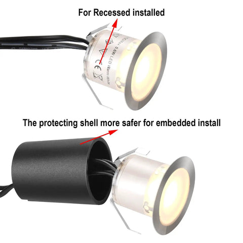 Dope 10 Pack Recessed LED Deck Light Kits With Protective Shell 32mm Warm White IP67 Waterproof 12V displayed in installation stages
