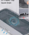 PP plastic tray with quick drain feature, showing water swirling and drainage, part of Heavy Duty Mop And Broom Organizer Cart Stand For Garage And Shop.