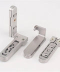 Rock Solid Stainless Steel Concealed Door Hinges Featuring 3D Adjustable Pivot Design With Heavy Duty Construction For Super Smooth Swing Zero Hassle Mounting And Clean Modern Profile In Silver, displayed from front angle.