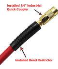 Hybrid Air Hose One Quarter Inch By Fifty Feet 300 PSI Heavy Duty Workhorse Built To Last Kink Resistant All Weather Flex With Industrial Quick Coupler Fittings Bend Restrictors Red showing industrial quick coupler and bend restrictor.