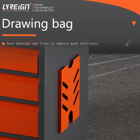 Heavy Duty Mobile Tool Cart Storage Organizer with orange file holder for CNC tools, featuring black drawers and a gray frame.