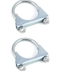 Two-Pack U-Bolt Muffler Tip Exhaust Clip For 2-1/4 In OD Tubing, Universal Silencer Mount, visible are two galvanized carbon steel clips.