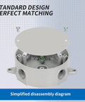 Heavy Duty Round Weatherproof Electrical Box For Outdoor Use, 5 Hole Half Inch Surface Mount Outlet Box, Aluminum Gray Construction