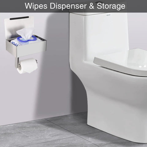 Adhesive Toilet Paper Holder With Shelf And Storage, Wall Mount Toilet Paper Roll Holder And Flushable Wipes Dispenser, Fits Any Bathroom, Stainless Steel Round Brushed Nickel, Easy Install, No Fuss Setup