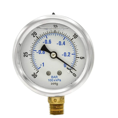 PIC Gauges PRO-201L-254A vacuum/PSI gauge, 2-1/2 in dial, bottom 1/4 in NPT, glycerin-filled, stainless steel case