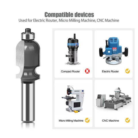 Get Your Hands On This 1/2 Inch Shank Architectural Molding Router Bit For Smooth Flush Trimming Of Laminate and Veneer With Precision Face Milling Perfection Every Single Time For Serious Woodworking Pros Who Demand Flawless Edges, showing compatibility with Electric Router and CNC Machine.