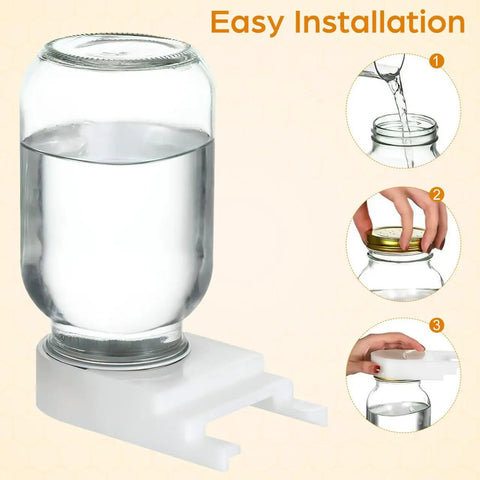 Bee Entrance Feeder For Beehives 8 Pack Perforated Metal Mason Jar Lids Waterers shown with easy installation steps