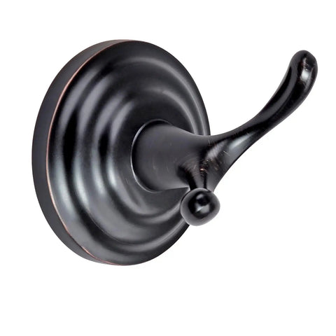 Side view of Zinc Traditional Round Bathroom Towel And Robe Hook In Oil Rubbed Bronze With No Brainer Install Easy Mount Wall Hardware Included 11 Lb Capacity Durable Zinc Alloy Three Inch Fixture Width Two Point Eight Three Inch Projection