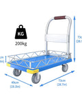 Heavy Duty Platform Hand Truck Featuring 360 Degree Swivel Wheels And Adjustable Safety Rail, blue reinforced deck, 200kg capacity.