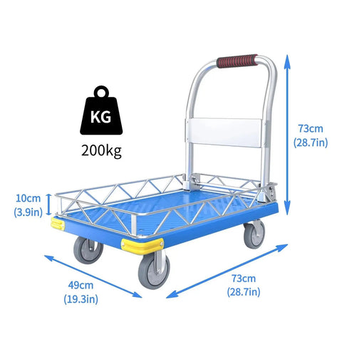 Heavy Duty Platform Hand Truck Featuring 360 Degree Swivel Wheels And Adjustable Safety Rail, blue reinforced deck, 200kg capacity.