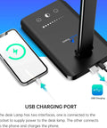 Slick LED Desk Lamp With Wireless Charger And USB Port Dimmable Eye Caring Reading Light With 5 Brightness Levels and 5 Modes Touch Control Auto Timer Black