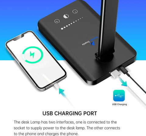 Slick LED Desk Lamp With Wireless Charger And USB Port Dimmable Eye Caring Reading Light With 5 Brightness Levels and 5 Modes Touch Control Auto Timer Black