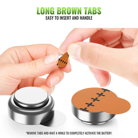 Long brown tab for easy handling of 24 Pack Hearing Aid Batteries Size 312 High Capacity Zinc Air Cells.