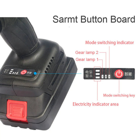 Heavy Duty Cordless Blind Rivet Nut Tool With 21V Brushless Motor close-up of control panel showing mode indicators and gear lamps.