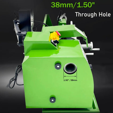 Precision Metal Lathe Benchtop Mini Machine With Electronic Gear Change And Digital Readout showing 38mm through hole feature.