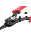 Go To Five Piece Interchangeable Jaw Snap Ring Plier Set With Straight 45 Degree And 90 Degree Angles For Internal And External Rings Includes Four Tip Assemblies And Vinyl Grip Handles For Precise Control shown with close-up on the jaws and grip.
