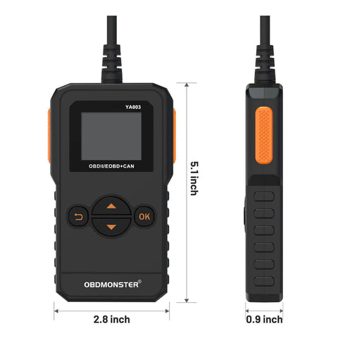 Front and side view of Universal OBD II Scanner for All Cars, Engine Fault Code Reader, compact handheld device with dimensions 5.1x2.8x0.9 inches