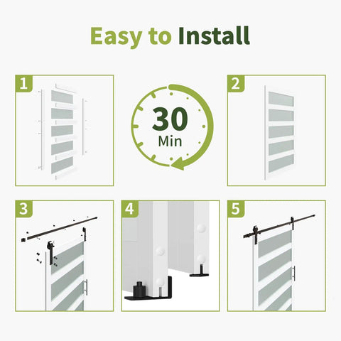 Heavy Duty Sliding Frosted Glass Barn Door With Five Panel Design And Full Roller Track Hardware Ready To Roll Smooth Glide System For Closet Bedroom Or Bathroom Modern Privacy Partition No Sweat Setup installation steps image showing easy setup instructions.