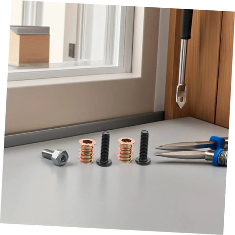 Solid Furniture Fastening Kits With Heavy Duty Metal Threaded Inserts For Wood Builds showing threaded inserts and wrench on a work surface.