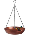 Outdoor Hanging Bird Bath And Feeder With Antique Copper Finish, 11 inch metal bird bath bowl on detachable black chain with dragonfly accent