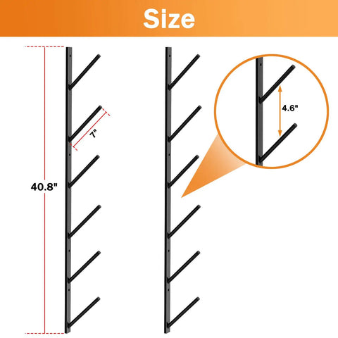 Hella Sturdy Skateboard Wall Mount With Six Tier Display Rack dimensions 40.8" height and 7" tier spacing for organizing boards.