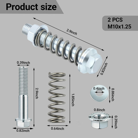Dimensions of 2 Piece M10x1.25 Exhaust Manifold Bolts And Nuts Kit With Built In Springs for muffler repair shown with detailed measurements.