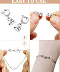 Magnetic Necklace Clasps And Closures Set With Double Open Bracelet Extender in use, showing secure silver installation.