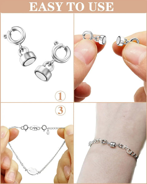 Magnetic Necklace Clasps And Closures Set With Double Open Bracelet Extender in use, showing secure silver installation.