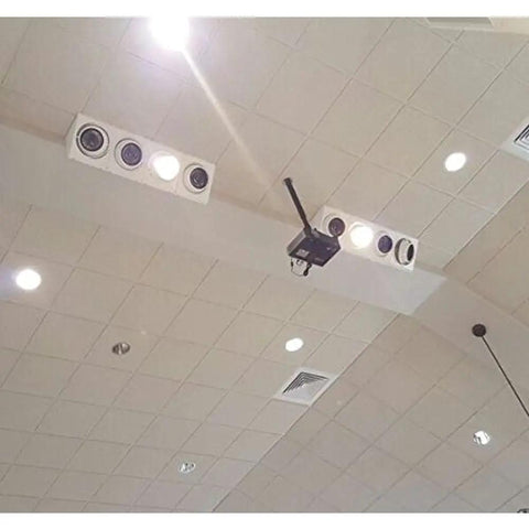 Ceiling installation with PAR 56 LED Flood Light Bulb 26W Dimmable Daylight White 6300K SMD fixtures visible, modern interior lighting setup