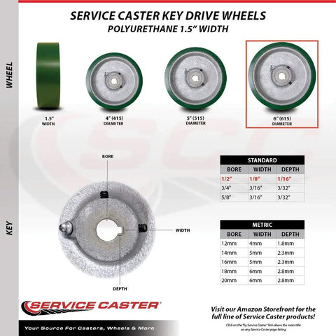 Heavy Duty Six Inch Polyurethane Caster Wheel On Solid Cast Iron Core With Half Inch Keyed Shaft Built Tough For A Six Hundred Twenty Five Pound Load Rating And Slick Shop Floor Moves