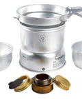 Duossal 2.0 Camping Stove Kit with stainless steel lined pans, aluminum-wrapped exterior pots, and accessories for backcountry cooking.