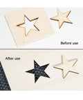Atomstack F2N honeycomb laser work table 350x350 mm; wood panel with star cutouts, before/after use shows honeycomb bed