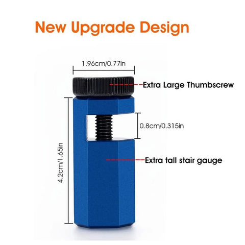 Precision Stair Gauge Knob And Framing Square Jig With Dead On Angle Cutting Guide, featuring blue anodized aluminum, extra large thumb screw.