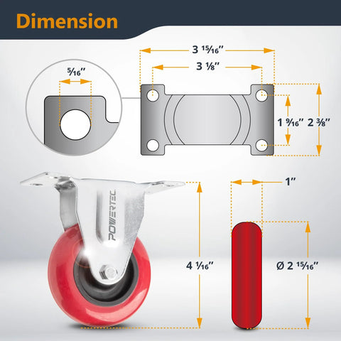 3 Inch Fixed Plate Caster Wheels Set Heavy Duty Rubber Casters 640 Lb Load Capacity Non Marring Dimensions Diagram