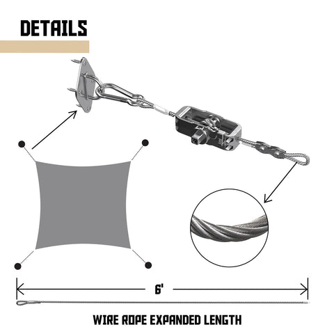 Illustration showing Shade Sail Hardware Kit With 24 Ft Wire Rope And Rectangle Installation Gear components and wire length.