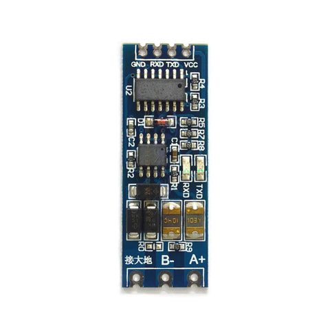Front view of Bi-Directional TTL to RS485 Converter Module Kit with Auto Direction Control for Industrial Automation, featuring LED RX TX indicators.