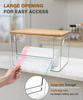 Kicking Clutter Away Trash Bag Dispenser 2 Pack with bamboo top and large opening for easy access to bag rolls.
