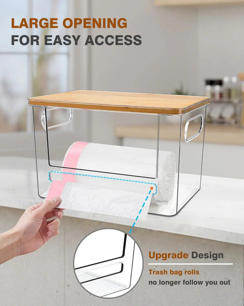 Kicking Clutter Away Trash Bag Dispenser 2 Pack with bamboo top and large opening for easy access to bag rolls.