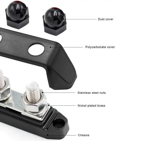 Two Pack Insulated Power Distribution Block With Cover For Car RV Marine Boat 12V 200A Dual Stud Battery Terminal Post Positive Negative Includes M8 And M10 Studs Heavy Duty Bus Bar with stainless steel nuts and nickel plated brass on polycarbonate and nylon chassis