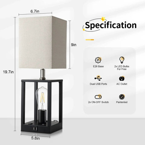 Two Bulb Farmhouse Bedside Lamp With USB Ports And AC Outlet Cozy Beige Fabric Shade Table Light For Bedroom Living Room