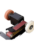 Mini Desktop Belt Sander And Electric Knife Sharpener For Kitchen Household Use Compact Polishing Tool with drive motor and abrasive belt.