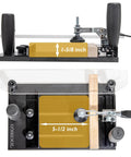Top and side view of a Pro Grade Rail Coping Sled Router Table Jig with phenolic base and clamp for 5-1/2 x 1-5/8 stock.